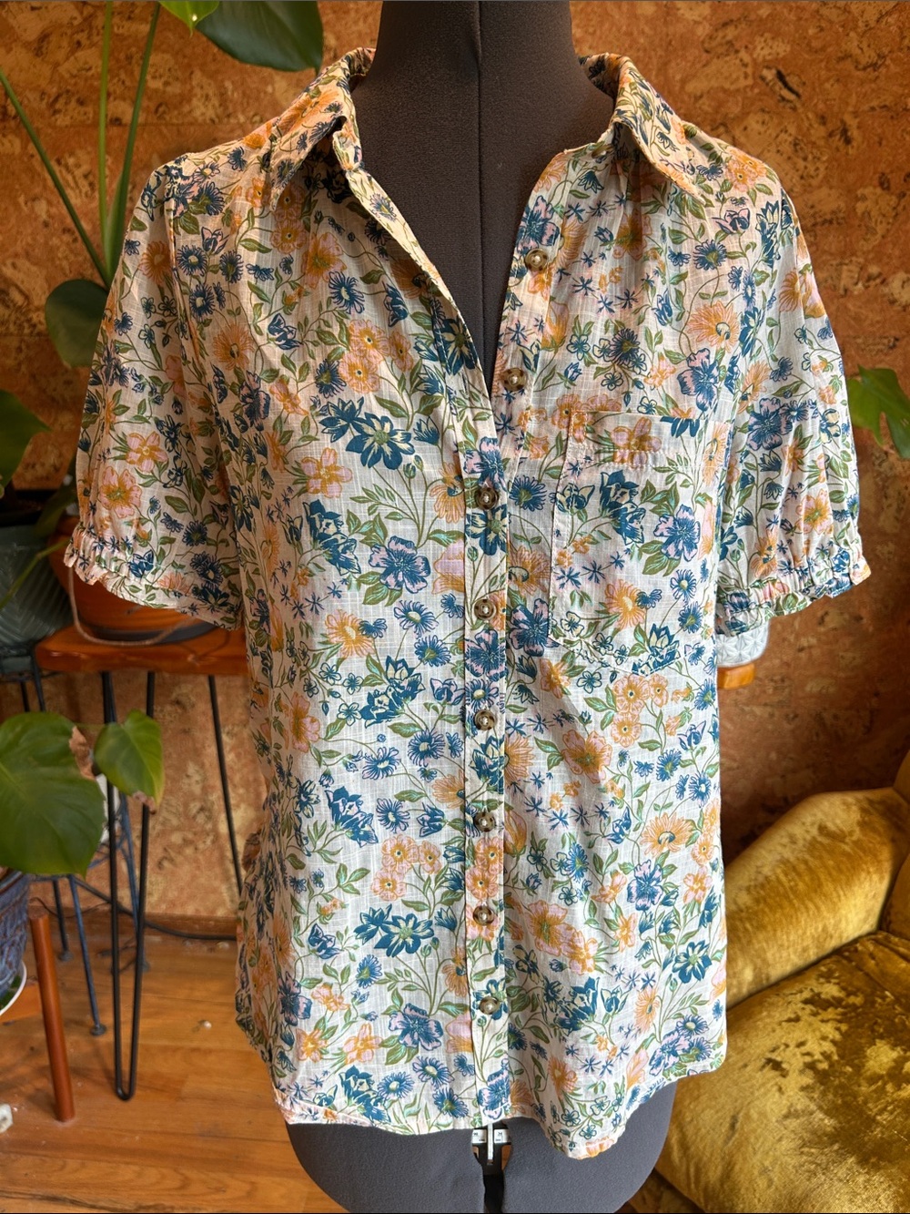 Pilcro Floral Button-Down Shirt — Blue, Peach & Green on Cream